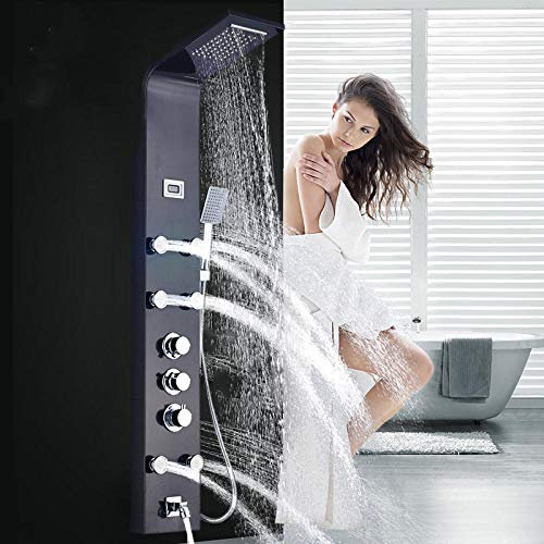 Wieoc Black Bathroom Shower Panel Column Thermostatic Tower Shower Column Wall Mounted w Body SPA Massage Jets