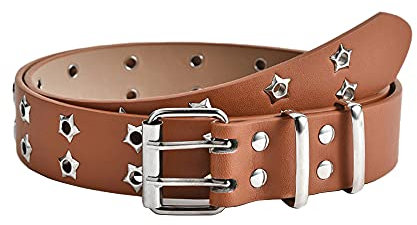 Jungerhouse Damen Doppelloch Leder-Gürtel Jeansgürtel Vintage Nietengürte Gürtel aus Echtleder Leder Ledergürtel für Männer Anzug Schwarz Breit (Einheitsgröße,braun)