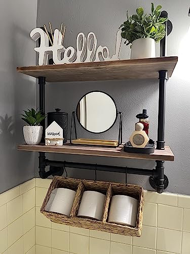 ROGMARS Mensola per tubi industriali Mensole galleggianti per tubi da bagno Mensole da bagno con barra portasciugamani sopra il WC Mensola industriale Mensole in legno da parete rustica 40 cm