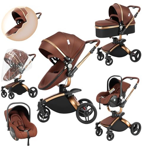 Prokoke PU-Leder Kinderwagen 3 in 1, Buggy mit Verstellbarem Sitz mit 360°-Drehung, Kinderwagen mit Rahmen Aluminiumlegierung, Kombikinderwagen 3 in 1 mit Einem Klick Faltbar Design (906 brown)