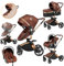 Prokoke PU-Leder Kinderwagen 3 in 1, Buggy mit Verstellbarem Sitz mit 360°-Drehung, Kinderwagen mit Rahmen Aluminiumlegierung, Kombikinderwagen 3 in 1 mit Einem Klick Faltbar Design (906 brown)