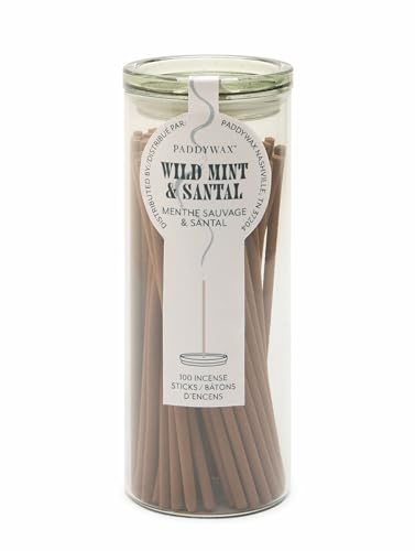 Paddywax Haze Räucherstäbchen im grünem Glasgefäß mit Deckel, zur Aufbewahrung und zum Aufstellen der Stäbchen, Duft: Wild Mint und Santal, 100 Stäbchen, IN0002EU
