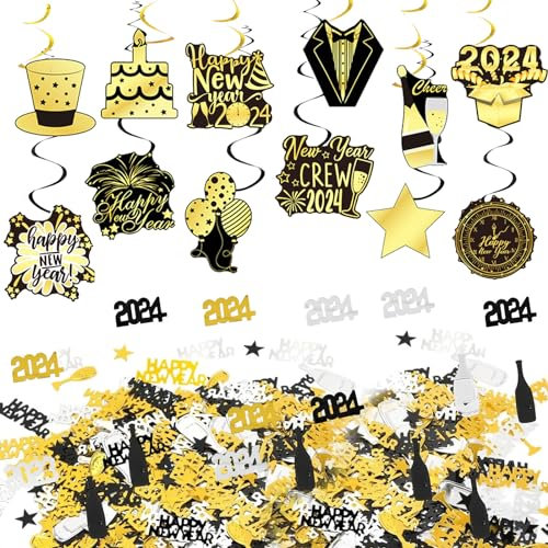 Silvester Deko 2025, Konfetti Streudeko Silvester Deko, Silvester Tischdeko, Silvester Hängedeko Wirbel, Silvester Konfetti, Happy New Year Deko, Neujahrsdeko Luftschlangen für Karneval Party
