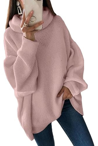 Onsoyours Pull en Tricot Femme Oversize Pullover Col Roulé Manches Longues Sweater Tricoté Chaud Hauts Chandail Automne Hiver A Rose XXL