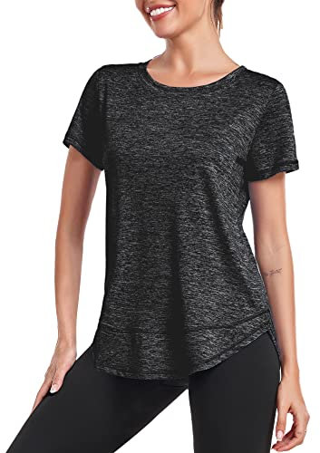 Deaviya Women's Sports T-Shirt Gym Tops, Short Sleeve Workout Casual Running Tops, Ladies Gym Yoga Sports Top, Crew Neck Fitness T-Shirts for Women, Loose Side Split Tee,Black L