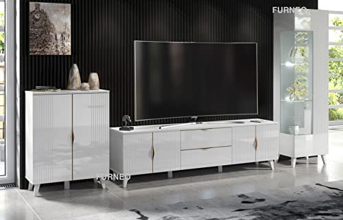 Furneo Azzurro 10/12/14 – High Gloss & Matt White Living Room Set, TV Stand, Display Cabinet & Sideboard, White LED Lights