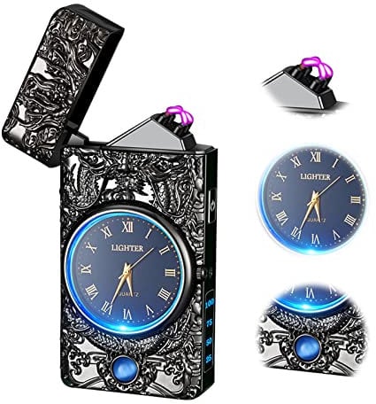 TIKIUKI Feuerzeug Multifunktions-Feuerzeug mit LED-Display Lichtbogen Stark Winddicht USB Wiederaufladbares Feuerzeug Mode Luxus Metall Feuerzeug mit Uhr Zifferblatt Geeignet für Geschenke (Schwarz)