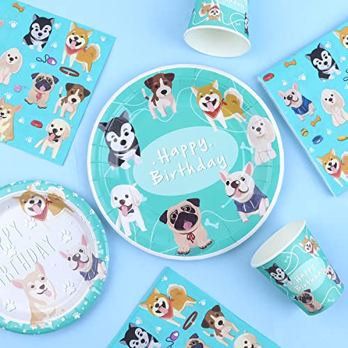 Cranight Paxrmuky 64 Pcs Pappteller Kindergeburtstag Set, Hunde Mottoparty Geburtstag Partygeschirr Kinder, Teller Becher Servietten für 16 Jungen Mädchen Gäste, Blau Geburtstag Deko Partyzubehör
