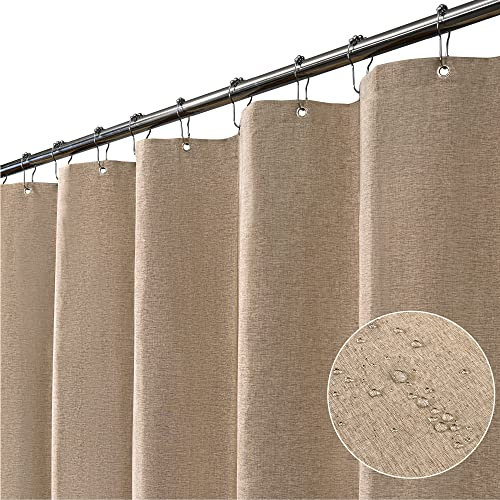 MIFENWOF Rideau de douche résistant en lin pour salle de bain avec crochets métalliques et ourlet lesté Café clair 180 x 200 cm