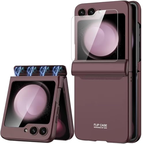 Miimall Compatible with Samsung Galaxy Z Flip 5 Case, [Magnetic Hinge Cover] [Built-in Screen Protector] Shockproof Hard PC Full Protective Shell Cover Case for Z Flip 5-Wine Red