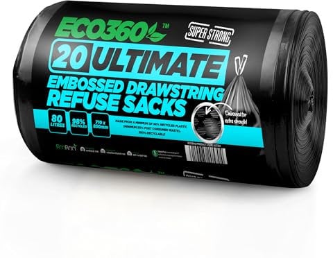 20-Pack Ultimate Embossed Black Drawstring Bin Liner Bin Bag Refuse Sacks Heavy Duty - 80L Capacity | Made from 98% Recycled Material | 100% Recyclable
