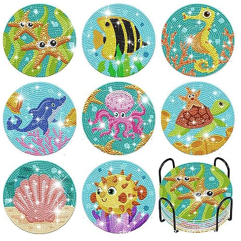WOWDECOR Diamond Painting Untersetzer mit Halter 8 Stück, DIY bunter Ozean Tischuntersetzer Glasuntersetzer 5D Diamant Painting Coaster für Gläser Tassen Auto Mosaik (bunter Ozean)