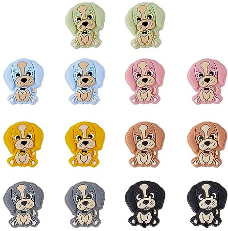 DICOSMETIC 14pcs 7 Color Dog Silicone Beads, 28x25x9mm, 2mm Hole, Cute Animal Focal Beads for Jewelry Making