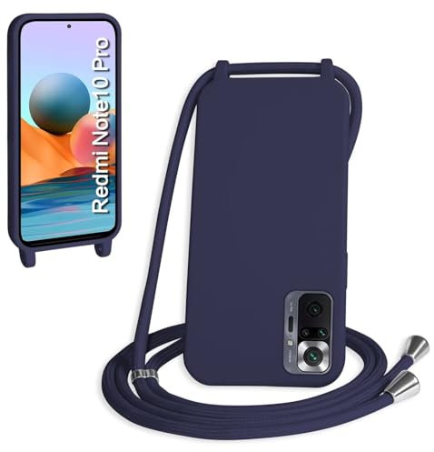 Haygdz Handykette für Xiaomi Redmi Note 10 Pro/Note 10 Pro Max Hülle mit Band, Necklace Handyhülle mit Abnehmbar Nylon Kordel zum Umhängen Silikon Stoßfest Schutzhülle, Dunkelblau
