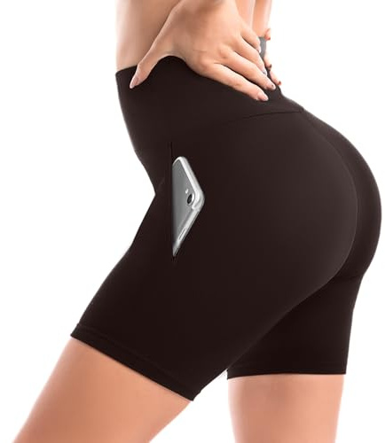 Leafigure High Waisted Cycling Shorts Women with Pockets Dark Curry SM