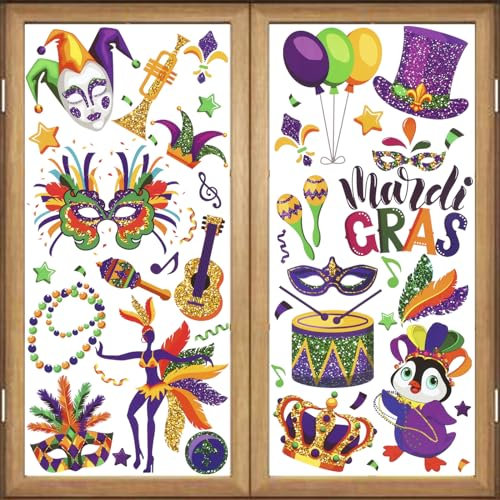 HOWAF 9 Bögen Mardi Gras Fensteraufkleber, Mardi Gras Party Dekoration, Fensteraufkleber, glänzendes Glitzer, Karnevals-Fensteraufkleber für Karneval, Maskerade, Party, Zuhause, Ornamente, Wand, Glas,
