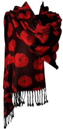 Purple Possum® Pashmina-Schal für Damen, Motiv: Mohnblumen, Übergröße, Schwarz, schwarz / rot, L