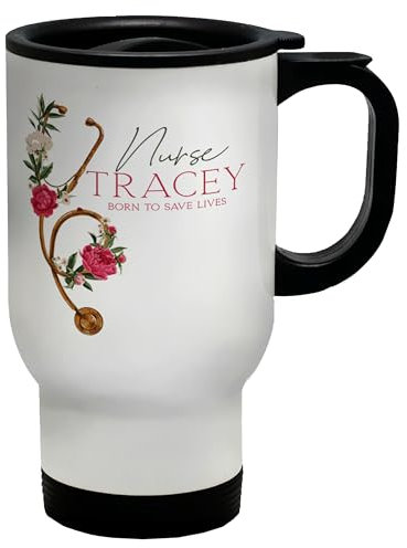 Shopagift Personalised Nurse Floral Stethoscope Travel Mug Born to Save Lives Stainless Steel 14oz Cup
