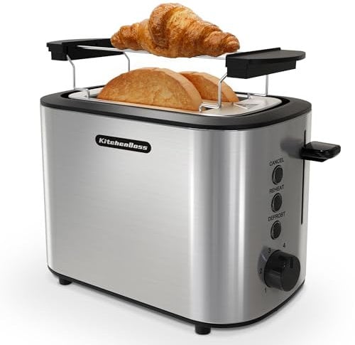 KitchenBoss Toaster 2 Scheiben:Toaster mit Brötchenaufsatz und Krümelschublade, 6 Bräunungsstufen, Toaster Edelstahl mit Abschaltautomatik, Auftaufunktion und Reheat-Funktion, 870W