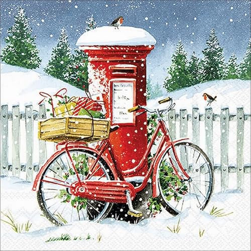 20 Servietten Winter Fahrrad mit Winterpost als Tischdeko. Papierservietten mit Motiv. Auch für Decoupage und Serviettentechnik 33x33cm