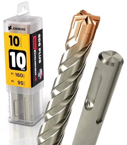 10x SDS Plus Foret à 4 tranchants PGM pour marteau perforateur Ø 10 mm x 95 mm – AMBOSS SDS Crusher 4 – Foret à béton HM professionnel 10 x 95 – Foret à pierre, béton armé, maçonnerie, brique, grès