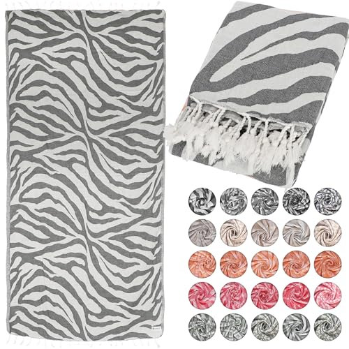Lukkum® Oeko-TEX® Zebra Muster Pestemal Strandtuch Saunatuch Badetuch Hamamtuch Groß Baumwolle Duschtuch Handtuch Fouta Pareo Yoga Decke Sporttuch Sarong Schwarz (Smokey Grey, Zebra 185 x 90cm)