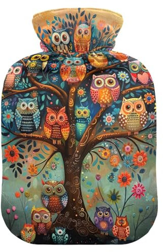 Colorful Owls Tree Hot Water Bottles with Soft Velvet Cover Hot Water Bag for Foot Bed Warmer Pain Relief, 1L