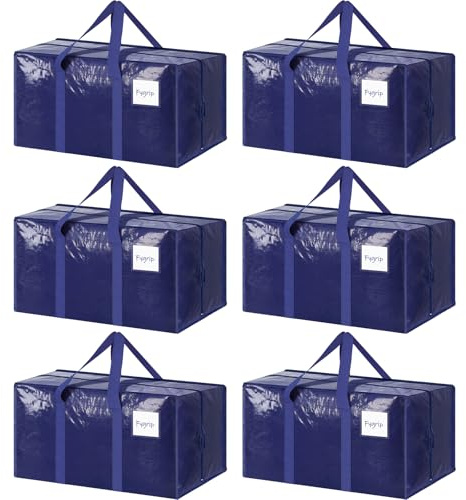 6 Pack Extra Heavy Duty Large Moving Bags with Strong Zipper & Comfortable Handles, Sturdy & Durable Clothes Storage Bags Totes Bins, Blue Packing Moving Boxes for College Supplies, Dark Blue