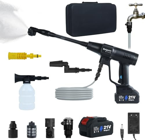 Idropulitrice a Batteria 1450PSI/100 Bar, 2 Batterie 4000mAh, Regolabile su 3Livelli, 6-in-1 Ugello Portatile Senza Cavo Idropulitrice per Auto/Pavimenti/Recinzioni/Marciapiedi