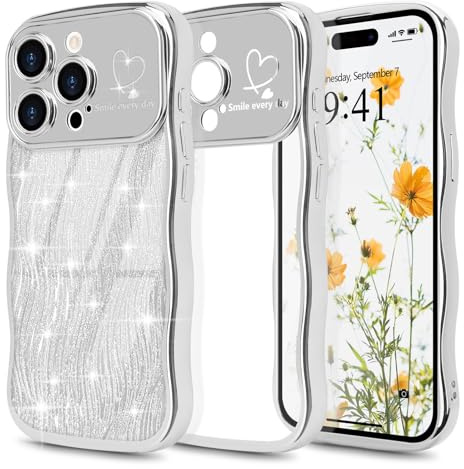 Wirvyuer for iPhone 15 Pro Case Glitter Card Wave Frame, Silver | Plated Heart Clear Cover with Removable Sparkly Card for Women Girls, Raised Camera Anti-scratch Protective Bumper Phone Case