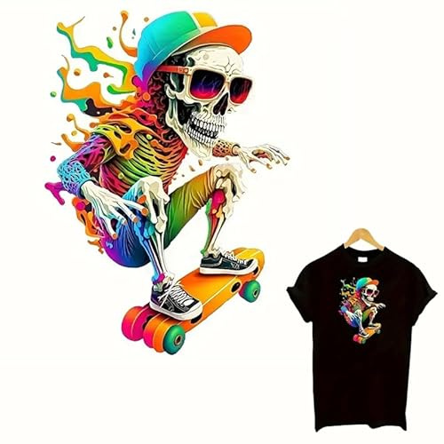 Skateboarding Hip-Hop Skeleton Creative Design Iron On Transfers for T-Shirts Rub on Transfers Stickers Vinyl Ready to Press Stickers Iron on Decals for T-Shirts Clothing Hoodie DIY Crafts