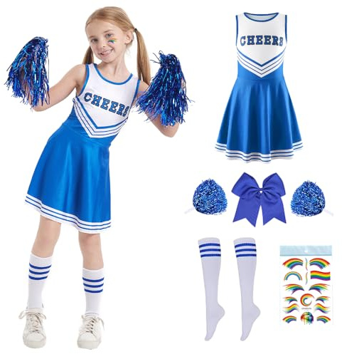 PASLFC Cheerleader Kostüm, Cheerleadering Outfit, Cheerleading Uniform Kleid, Cheer Outfit mit Pompoms Socken, Kostüm Cheerleader für Karneval Halloween, Fasching, Mottoparty
