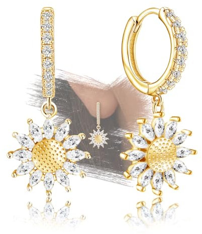 Goldene Sonnenblumen-Ohrringe für Frauen – Sterlingsilber-Blumen-Creolen, klassisch, hypoallergen, weiße Zirc-Zirconia, modisch, Geschenk für sie, Geburtstag, Muttertag,