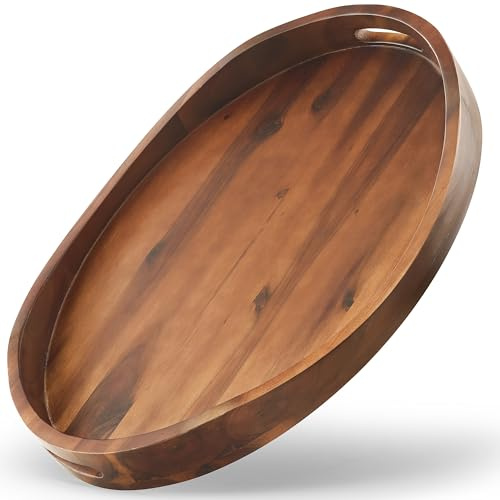 TIDITA Acacia Oval Wooden Serving Tray with Handle, 20x15, Walnut Color | Oval Ottoman Table Oval Wooden Tray, Round Serving Tray, Ottoman Tray for Living Room, Coffee Table Decor, Serving Platter