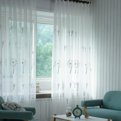 Wycian Gardinen Schlafzimmer Gardinen 2er Set Blau Weiß Voile Pusteblume Bestickt H183 x B137 cm (2er Pack) Gaze
