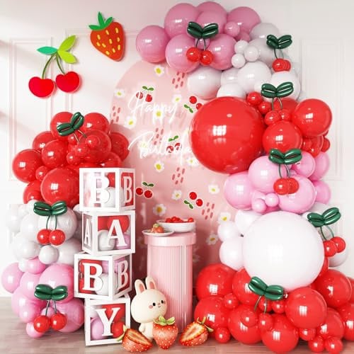 Kit d'arche de ballons en forme de cerise, guirlande de 113 ballons rouges et roses pour filles, décorations de premier anniversaire, fête de fruits d'été, fête prénatale, mariage, Saint-Valentin