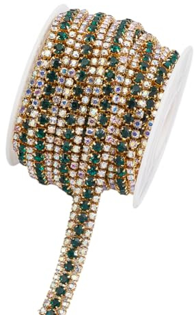 GORGECRAFT 3M 3 File Strass Catena di Chiusura 9mm Larga Rotolo di Catena A Tazza con Artiglio di Cristallo Smeraldo Base Dorata con Bobina per Cucito Artigianato Abbigliamento Borse Scarpe Bouquet