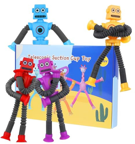 Ainiv Giocattolo Robot con Ventosa Telescopica, 4pz Spremere Giocatt per Bambini, Telescopiche Antistress Gioco, Giocattolo Educativo Contro Lo Stress, Giocattolo Tubo Pop a Giraffa per Bambini