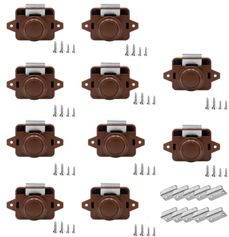 TOOSOAR 10 Stück Push Button Catch Door Lock,Door Lock Verriegelung 14-16mm Möbelschloss,Keyless Wohnmobil Verriegelung für Wohnmobile, Yachten, Boote, RV Camping Schrank, Wohnwagen(Vollbraun)