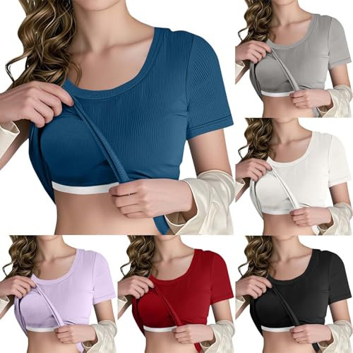 Tshirt Damen Günstig Elegant Basic T-Shirt Gerippt Kurzarm mit Integriertem BH Rundhals Crop Top Ohne Bügel Bustier Hemdchen Slim Fit Tops Sport Oberteile Casual Einfarbig Stretch Shirts S-XXL