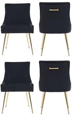 Viviana Velvet Dining Chair – Modern Black Upholstered Accent Chair with Gold Legs, Ring Handle, Armless Design & High-Density Foam for Elegant Home Interiors Dining Room Living Room Restaurants