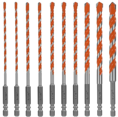 Multi-Material Masonry Drill Bit Set, 1/4 Hex Shank Carbide Tip Concrete Drill Bits for Tile, Ceramic, Marble, Glass, Brick, Cement, Plastic, Wood – Includes Storage Box (10)