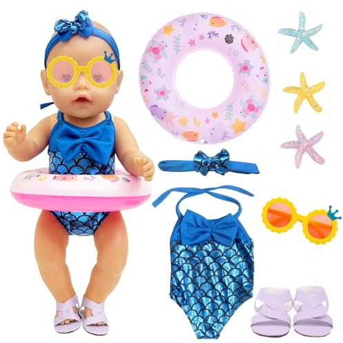 8 Meerjungfrau Schwimm Puppenkleidung für 35-45cm Newborn Baby Puppe | Blau Sommerliches Badeanzug Kleidung Puppenbadeanzug Schwimmring Sonnenbrille Schuhe Seestern für 14-18 Zoll Puppen