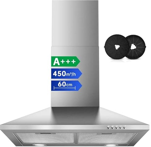SNDOAS Cooker Hood 60cm, 450m³/h, A+++, 3-Speed Extractor Fan | Stainless Steel Chimney Extractor Hood, Recirculating & Ducting Wall Mounted Range Hood for Kitchen, Carbon Filters, LED