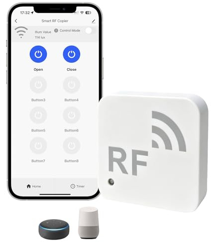 BUBOJOY Smart RF Remote Control, Copiadora WiFi RF Soporte 8 Botones de Aprendizaje/Sensor Iluminación/Alexa/Automatización Inteligente del Hogar para Cortinas Ventilador Puertas de Garaje