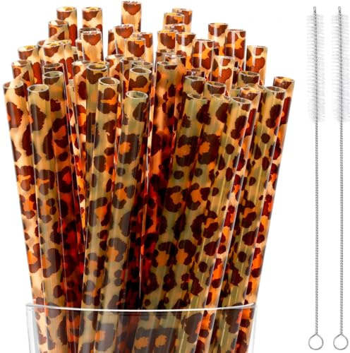 30 Pcs Reusable Cheetah Print Straws, Leopard Print Plastic Straws Reusable with Cleaning Brushes for Cheetah Birthday Decorations Cheetah Party Decorations and Leopard Birthday Decorations (Brown)