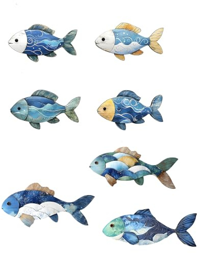 Kisstta 4 Stück Wand Deko Holz Fisch Set, Blau Holzfisch Badezimmer Deko, Klebende Maritime Strand Wanddeko Holz für Wohnzimmer, Schlafzimmer, Ferienhaus (Blau 3)