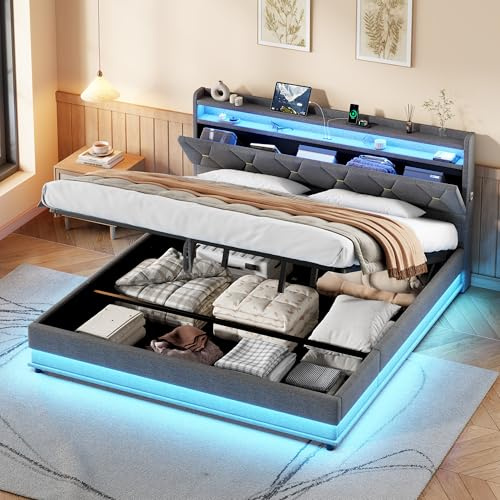 RIAZOS 6ft Super King Upholstered Bed Frame with Hydraulic Storage, LED Headboard with Charging Station and Concealed Headboard Storage, USB and Type - C Ports, Linen, Grey (No Mattress)
