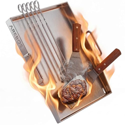 Arebos Plancha Grillplatte Edelstahl 40x30 cm | für Gasgrill, Holzkohlegrill & Camping | 4 mm massiv | 800 °C | LFGB | Fettablauf | 2 Grillspachtel & 5 Spieße | spülmaschinengeeignet
