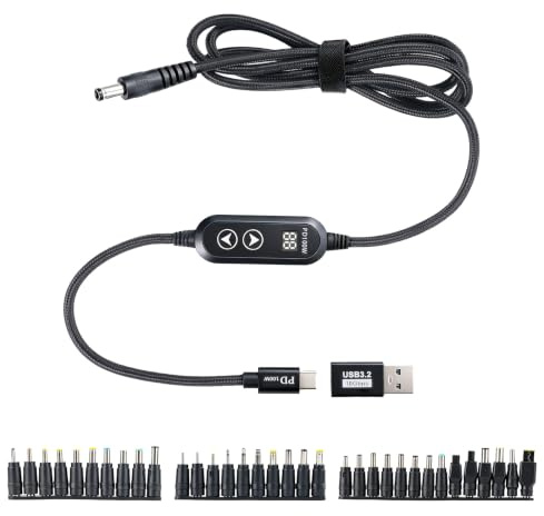 XTVTX 100W USB-C PD zu DC Adapter Kabel, 5A 5V 9V 12V 15V 20V einstellbar & 34 DC Steckern 5.5x2.1mm Stecker, Typ-C auf USB Adapter & 1m Nylon Kabel, Kompatibel mit Laptop Router Monitor Kamera